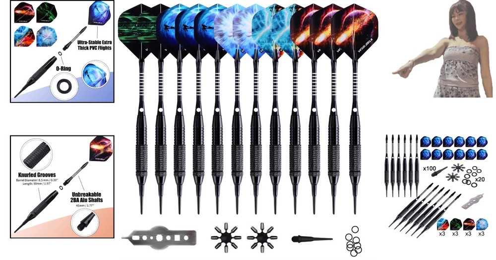 Durable Soft Tip Darts - 12-Piece Set with 100 Tips & Unique Flight Designs