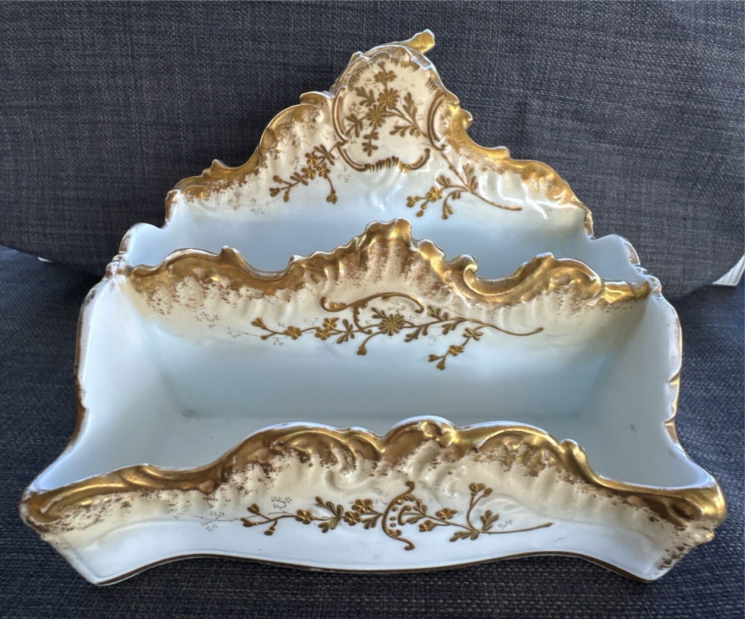 antique c. 1900 AK CD LIMOGES gilt porcelain letter holder desktop accessory