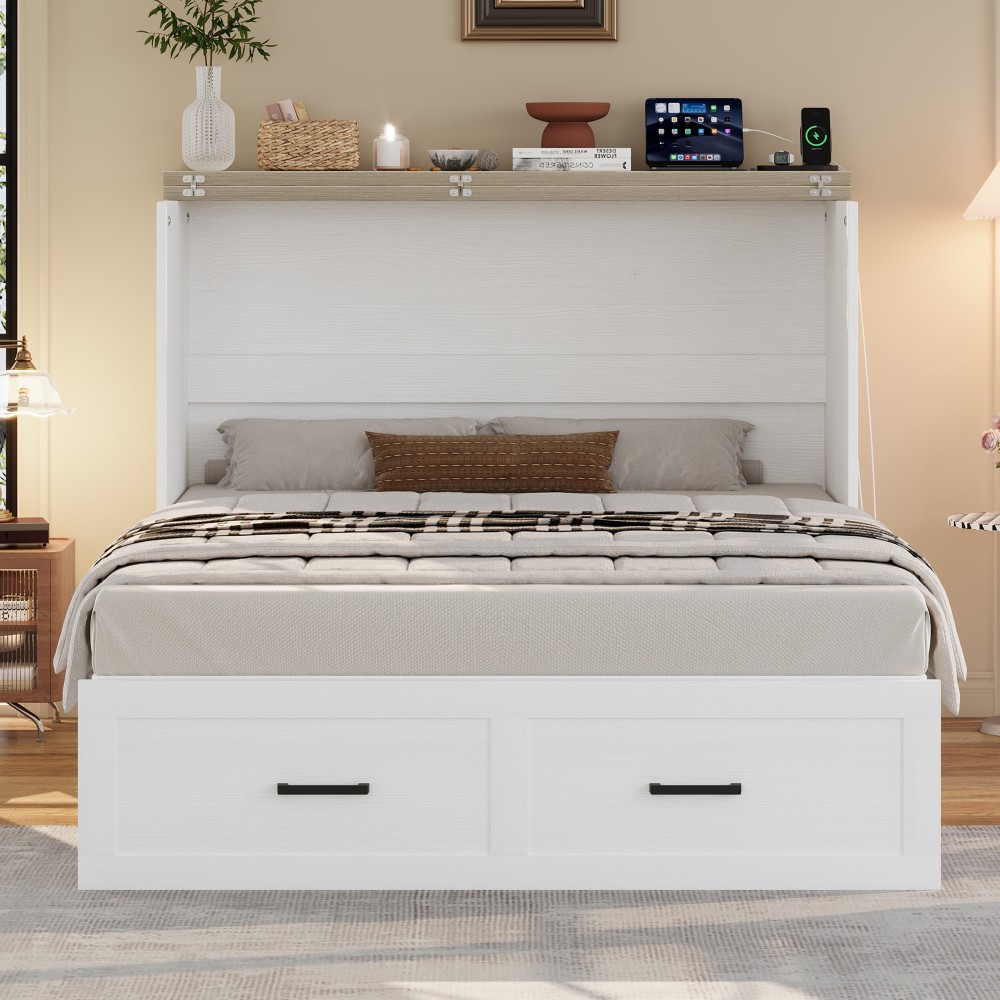 Full Queen Murphy Bed ，Folded Cabinet Bed w/ Charging , Drawer,