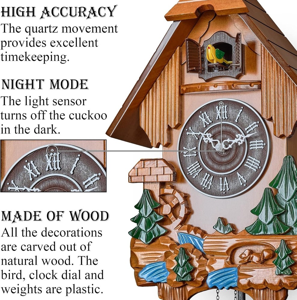Cuckoo Clock with Automatic Night Mode, Swinging Pendulum and Quartz Movement...