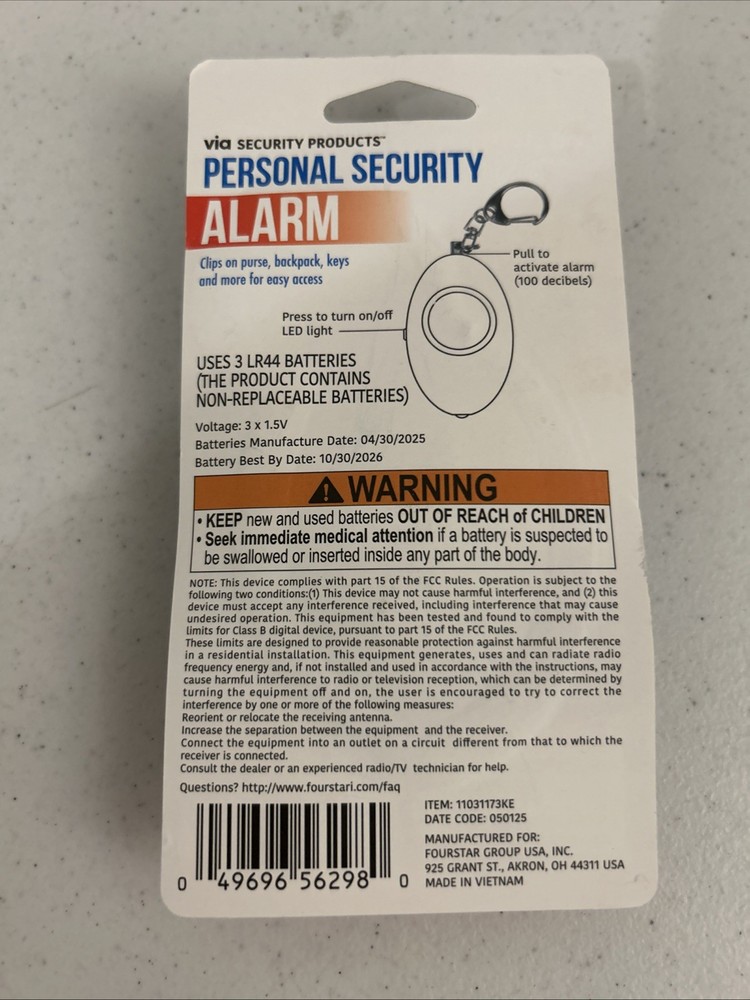 1 Personal Security Alarm,Clips On, W/Light. Gray