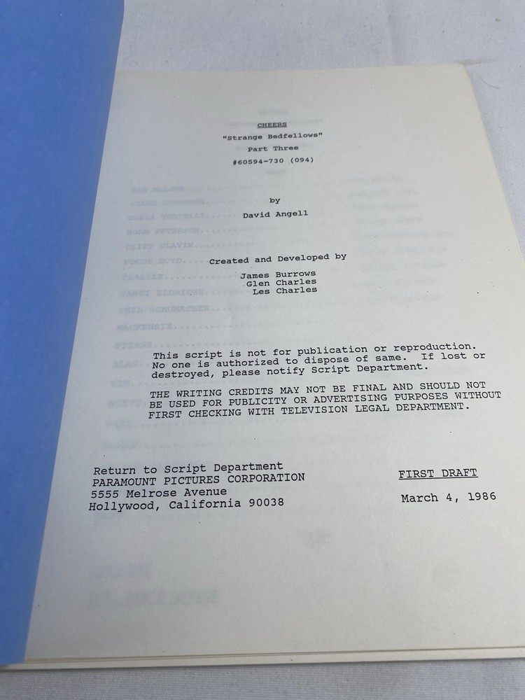 CHEERS Sitcom Original Script “ Strange Bedfellows” Pt 3 First Draft 1986