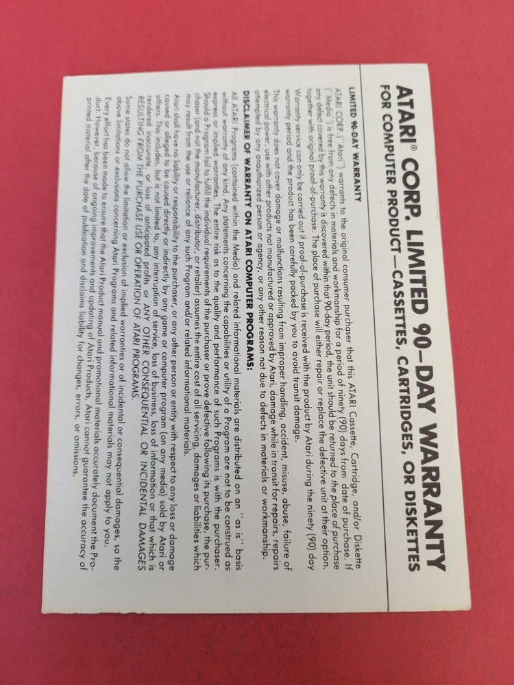 atari 90 day warranty insert