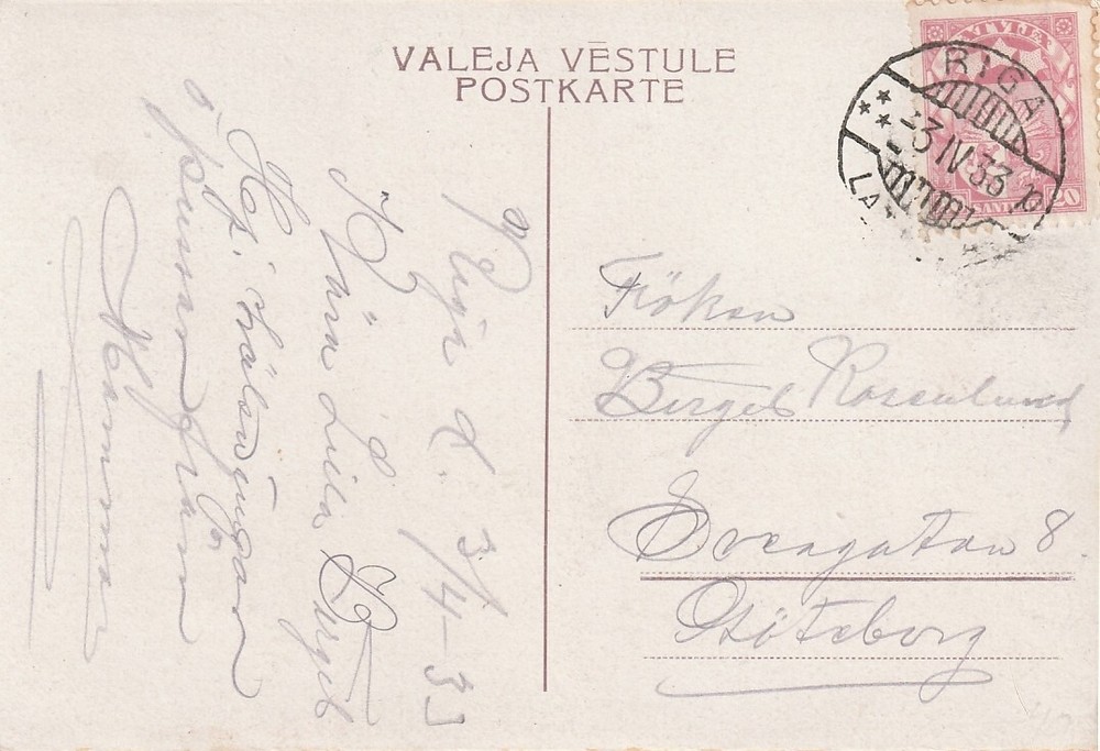 LATVIA: Postcarrd Riga to Sweden 1933.