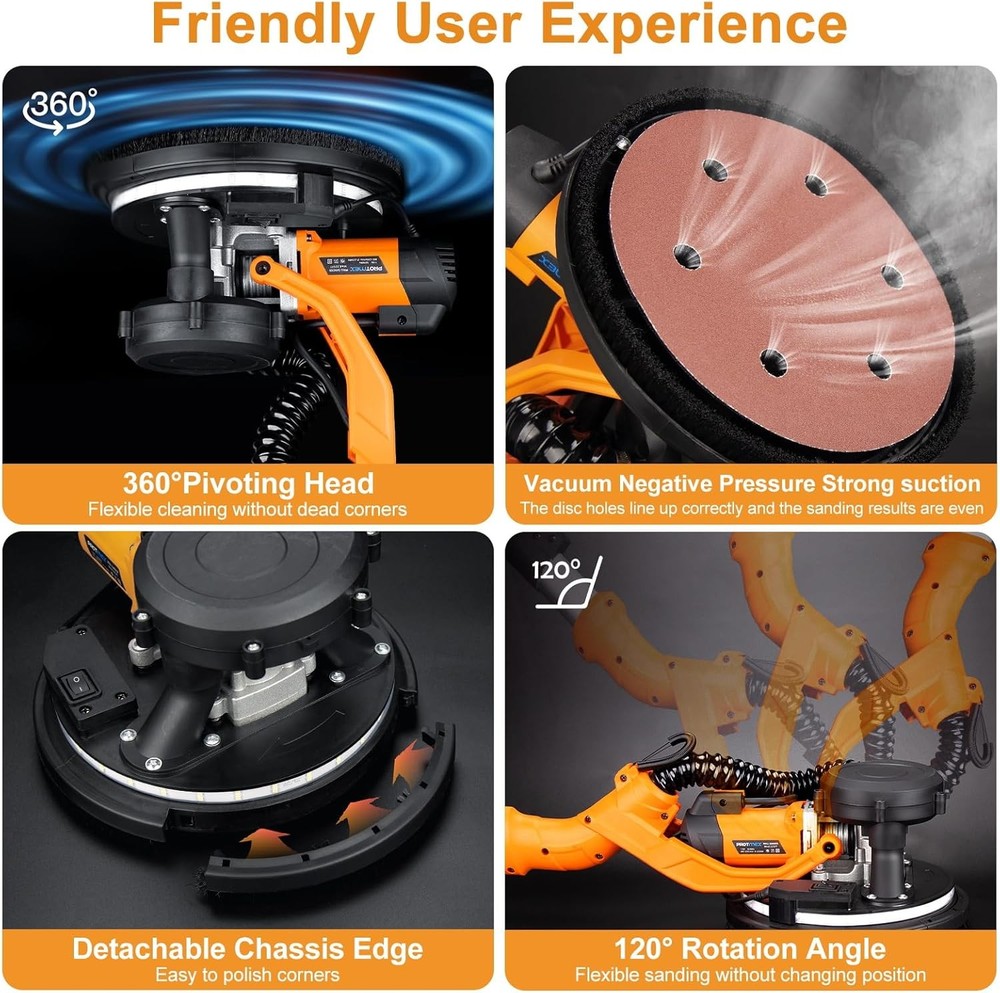 Electric Foldable Drywall Sander 850W Variable Speed w/Automatic Vacuum & Lights