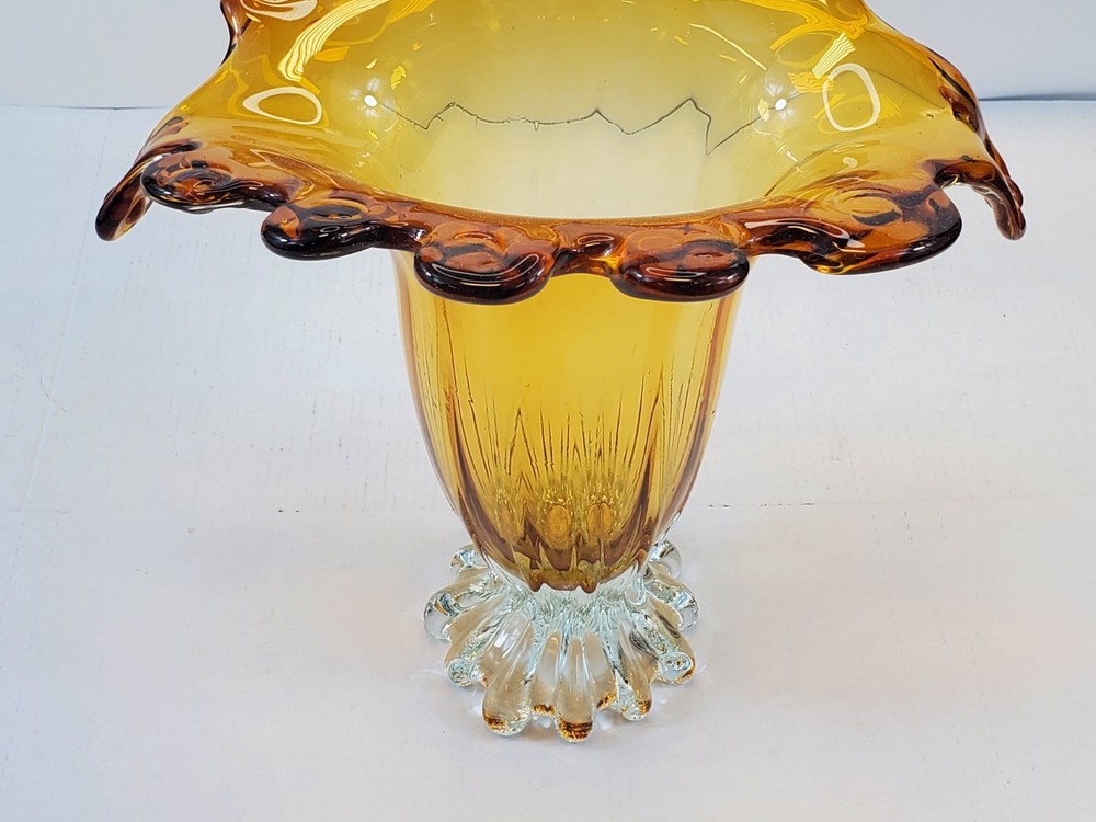 Davco Silver Amber Ruffled Edge Glass Vase Art Deco Design 10.5" Tall