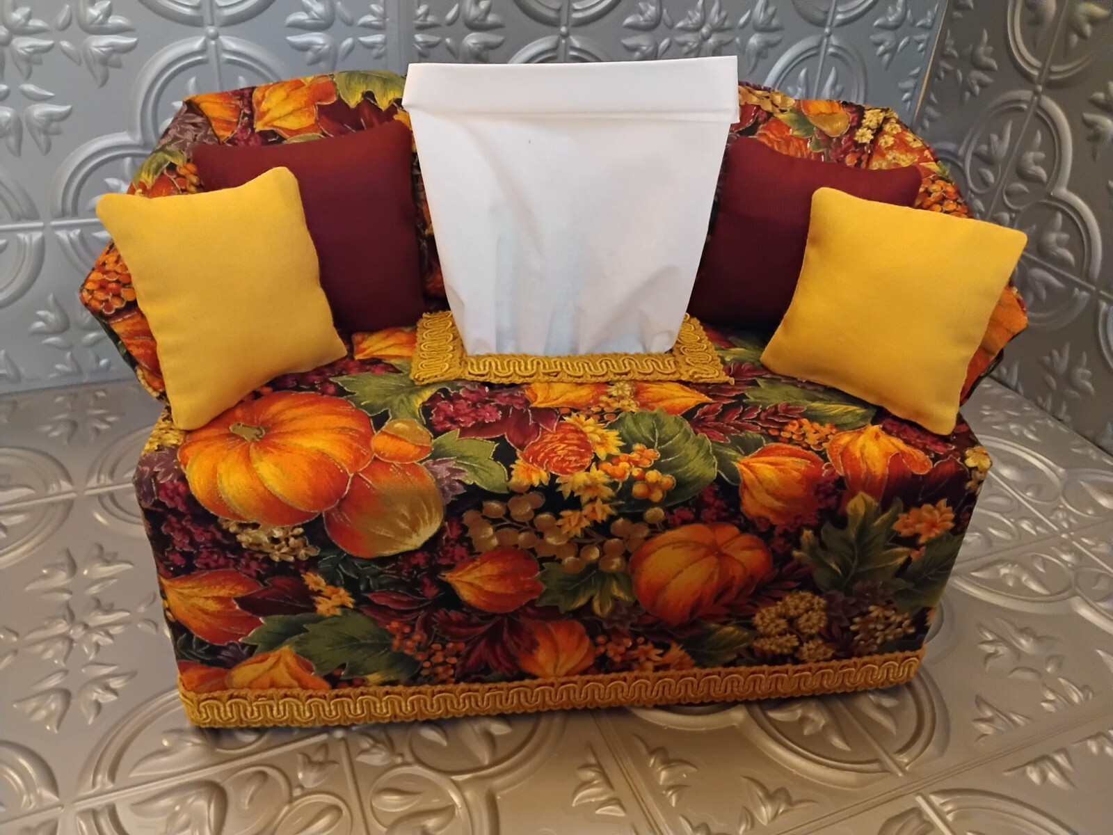 Harvest Patterned Fabric Sofa Tissue Box Cover Hand Made