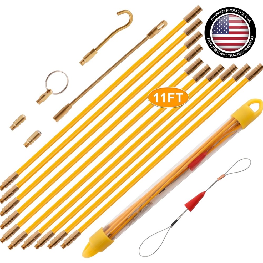 11FT Fiberglass Running Electrical Wire Cable Glow Rods Wire Pulling Tools Fi...
