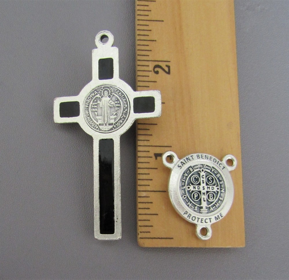 Rosary CENTER & CRUCIFIX Set Italy Rosaries Parts St. Saint Benedict LARGE BLACK