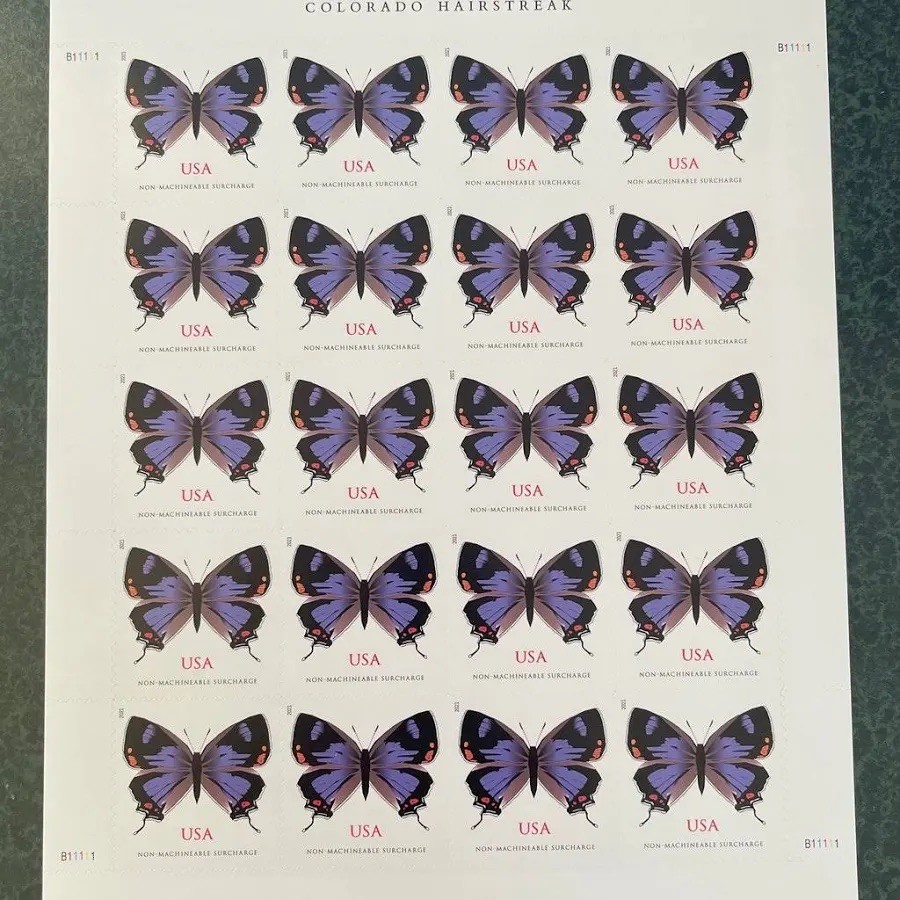 5 SHEETS PURPLE COLORADO HAIRSTREAK  - NON-MACHINABLE USPS STAMPS  - 100 TOTAL