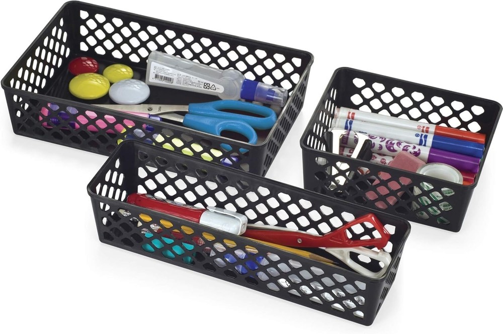Compact Black Supply Baskets (3-Pack) for Efficient Home and Office Organization