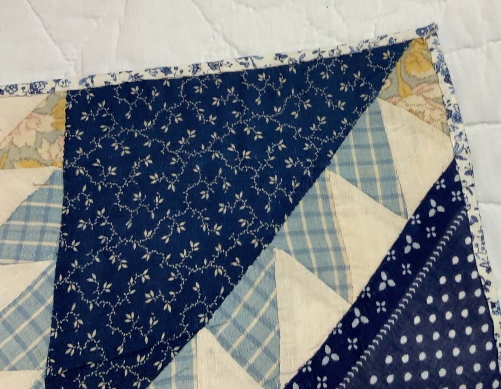 Antique Patchwork Quilt Table Topper, Triangles, Blue, Navy, Early Calicos