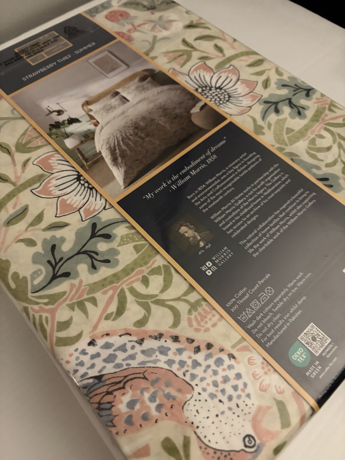 WILLIAM MORRIS Strawberry Thief Summer White Floral 3PC QUEEN Duvet Cover Set