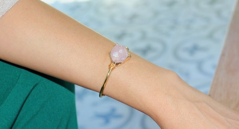 Custom Chic Handcrafted Rose Quartz & Gold Cuffed Bracelet