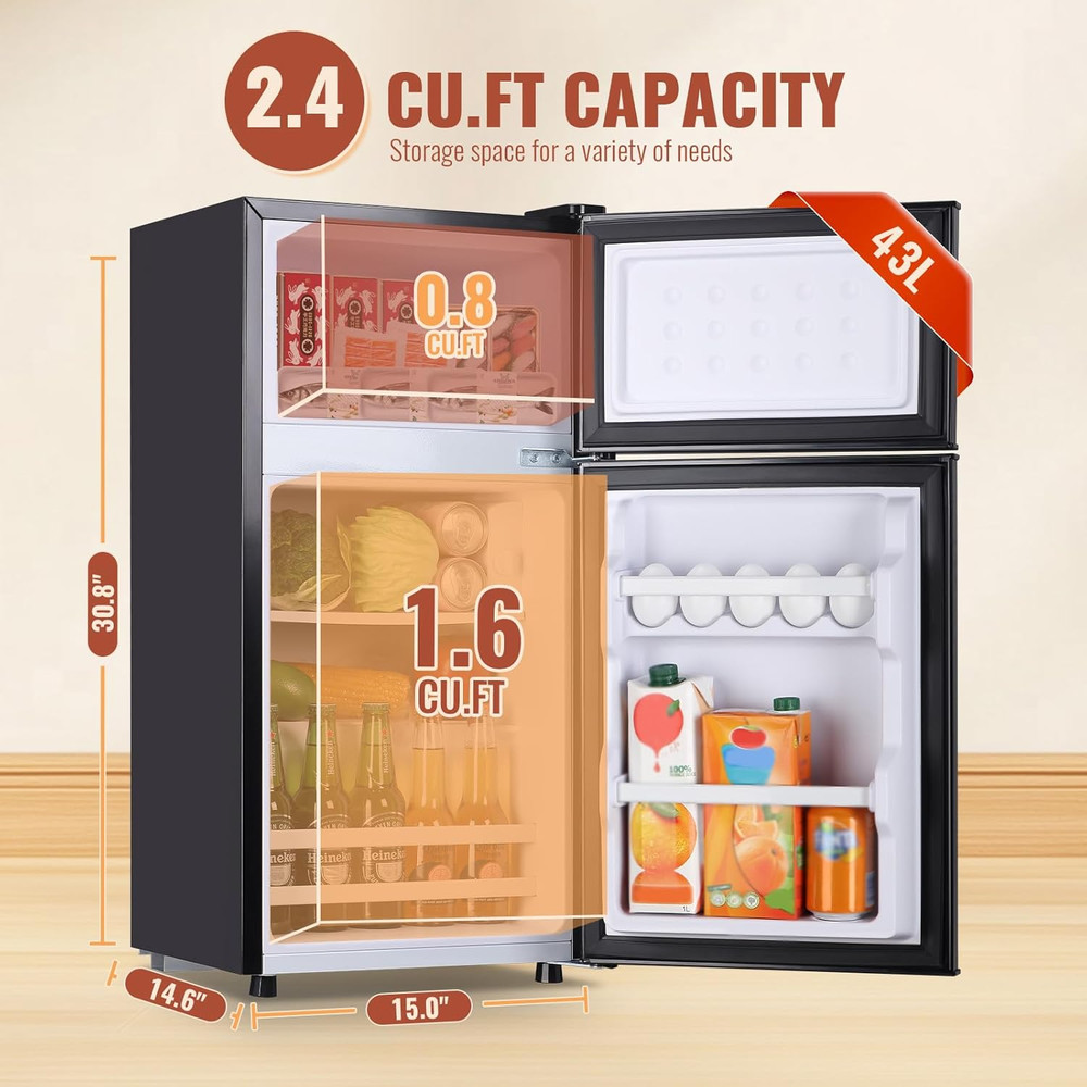 Mini Fridge with Double Doors Small Refrigerator with Separate Freezer & 7 Adjus