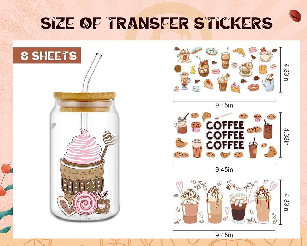 UV DTF Cup Wrap - 8 Sheets Coffee Wraps for 16 oz Cake