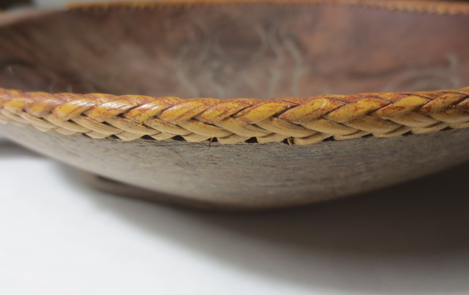 RARE! ANTIQUE! c1900 BORNEO "ASO DRAGON" CARVED WOOD BOWL w WEAVED RATTAN RIM