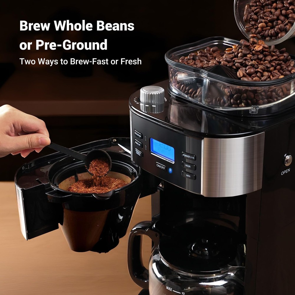 Gevi 10-Cup Drip Coffee Maker with Built-in Burr Grinder & Programmable Timer