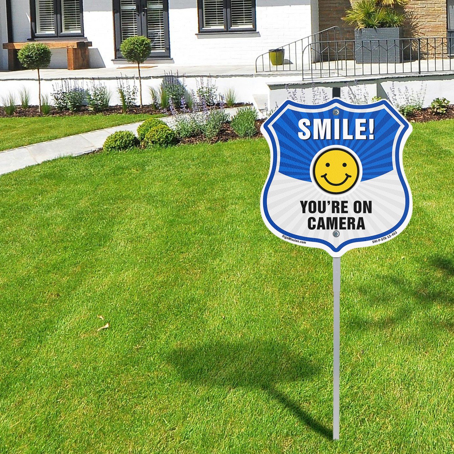Smile You're On Camera Shield Sign Smile You're On Camera Shield Sign With Stake