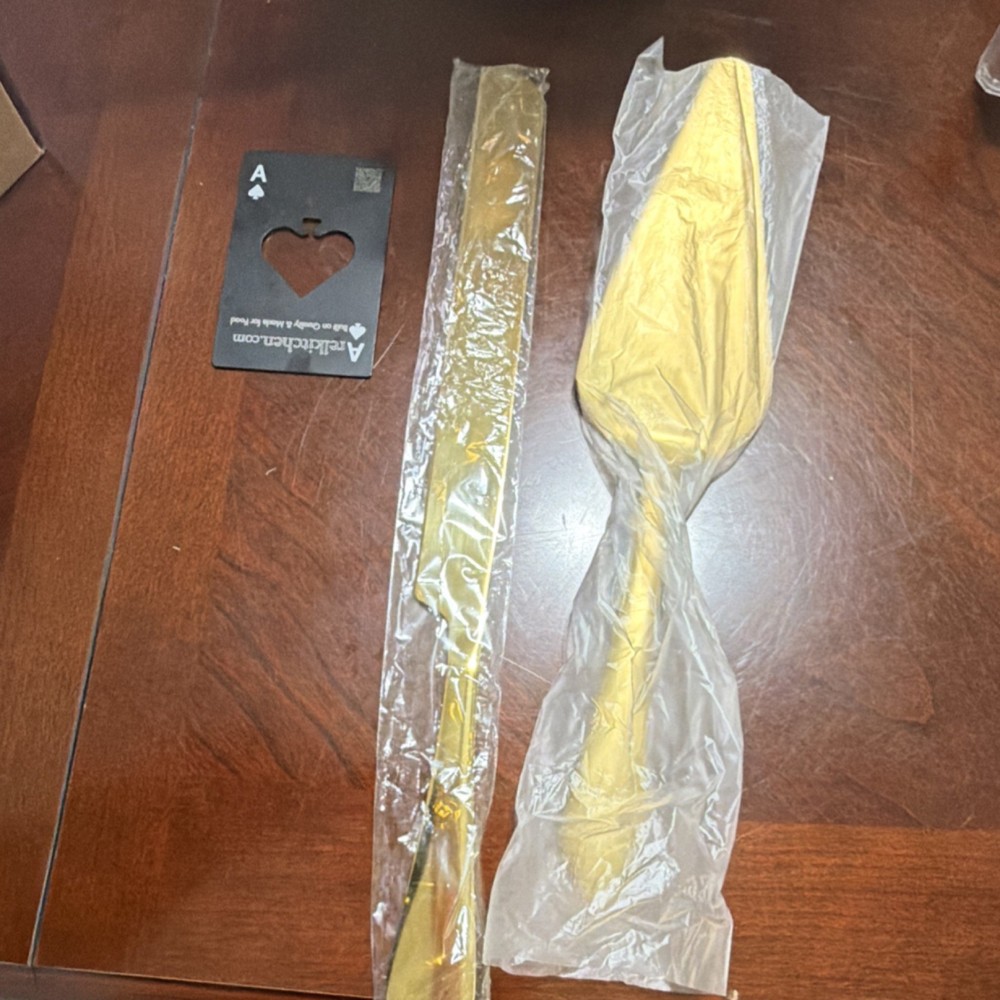 Gold Metal Glossy Cake Knife & Server Set, 2-Piece Solid Handle