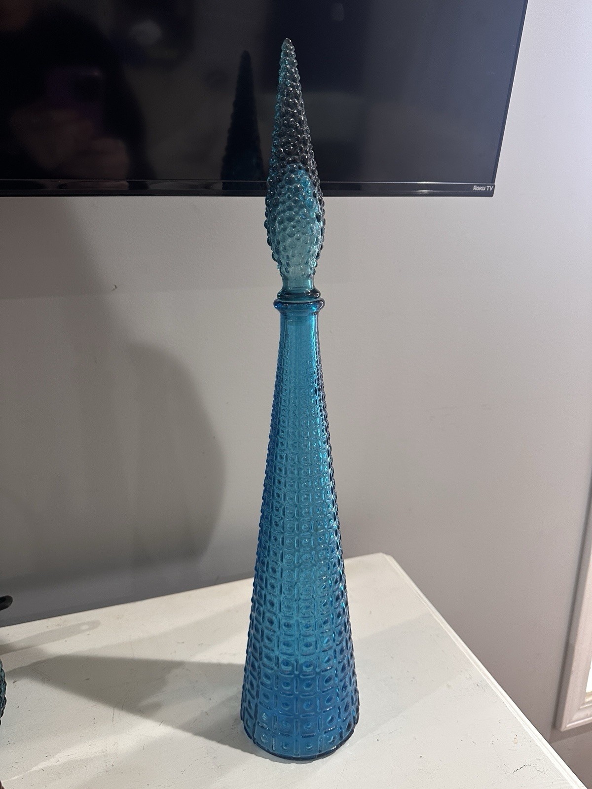 Vintage 1960s Italian Empoli Blue Glass Aztec Hobnail Genie Bottle, Decanter.