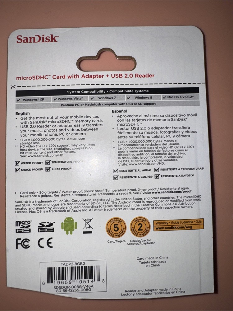 SandDisk MicroSDHC 8GB Memory Card W/Adapter + USB 2 Reader Sealed