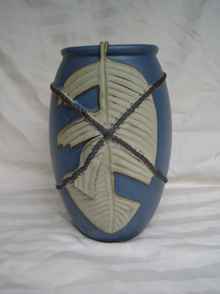 Blue Ceramic Vase with Palm Leaf and Rope
