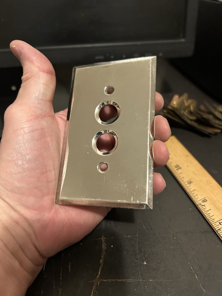 VINTAGE CHROME NICKLE PLATED BRASS SINGLE PUSH BUTTON LIGHT SWITCH COVER PLATE