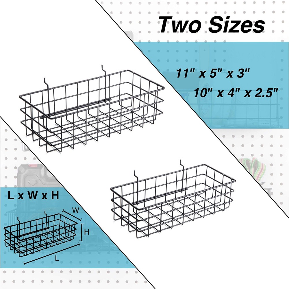 2 PCS Black Pegboard Baskets Medium Small Metal Wire Wall Mount Tool Garage