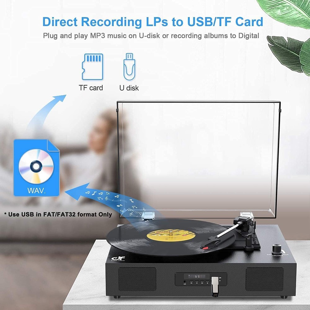 Bluetooth Record Player - 3 Speed Turntable with Built-In Speaker USB Recording
