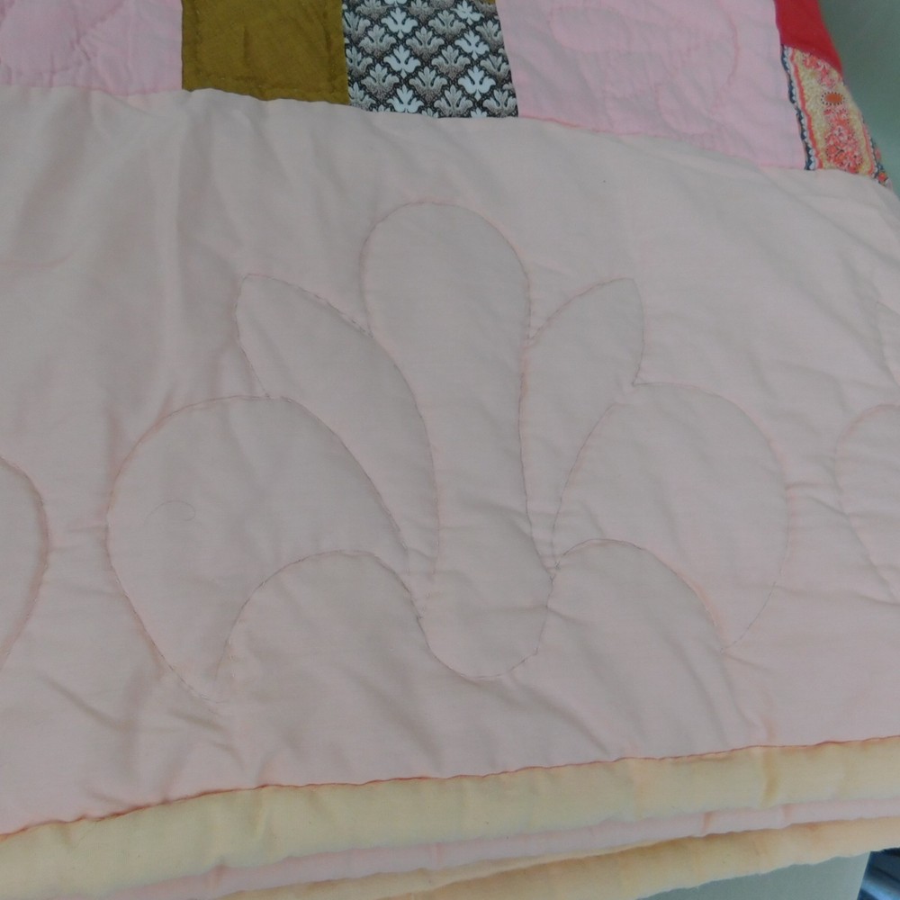 Handmade 4-Patch Pattern Quilt Solid Pink Backing 100 x 90 Colorful #C9