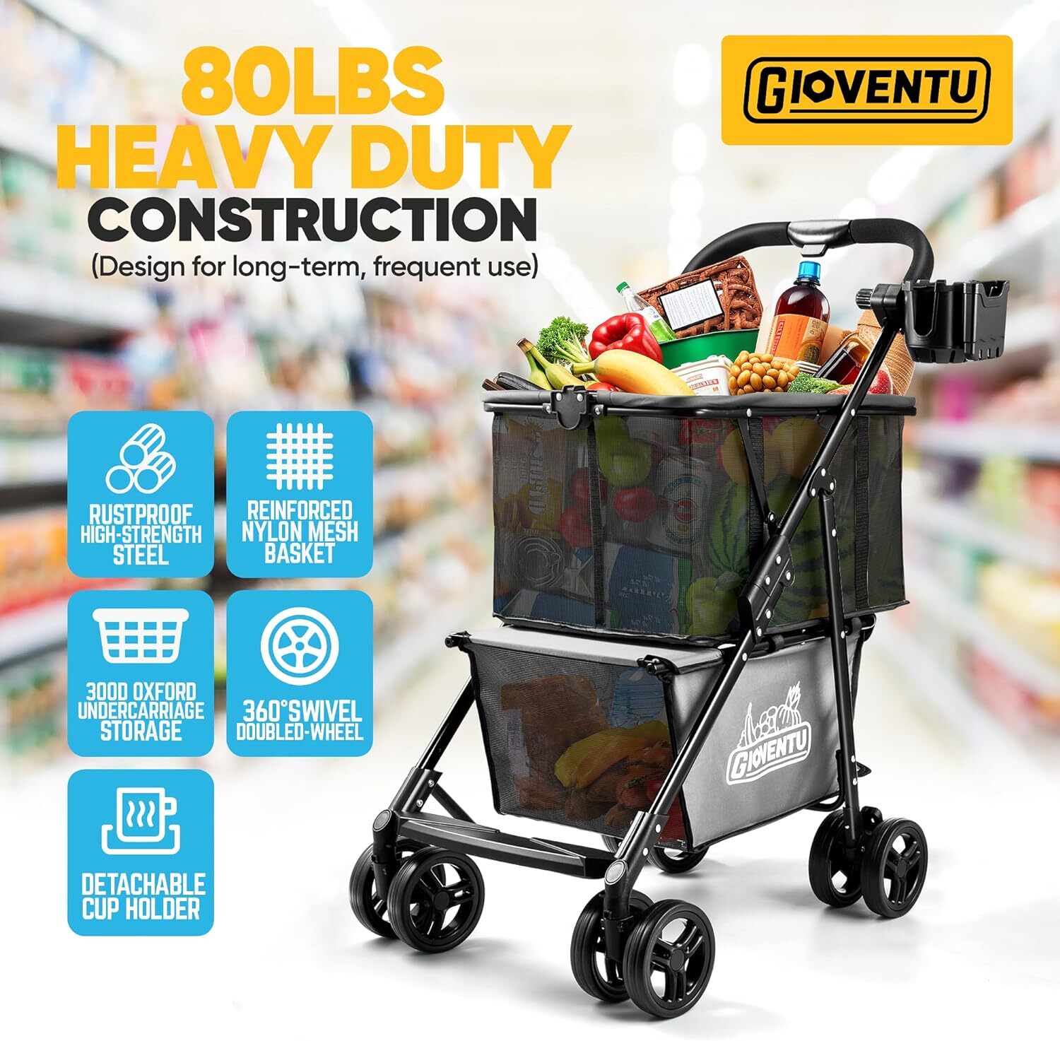 Folding Shopping Cart for Groceries(80lbs) Multifunctional Collapsible Cart