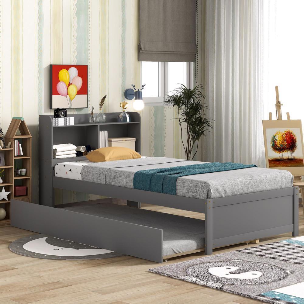 Space-Optimizing Design Twin Bed with Trundle and Bookcase Grey