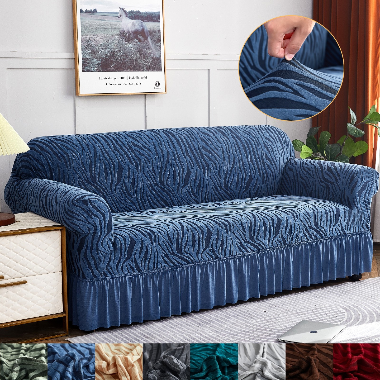 Elastic Jacquard Sofa Cover w/ Skirt 1/2/3/4 Seater Stylish Sofa Couch Slipcover