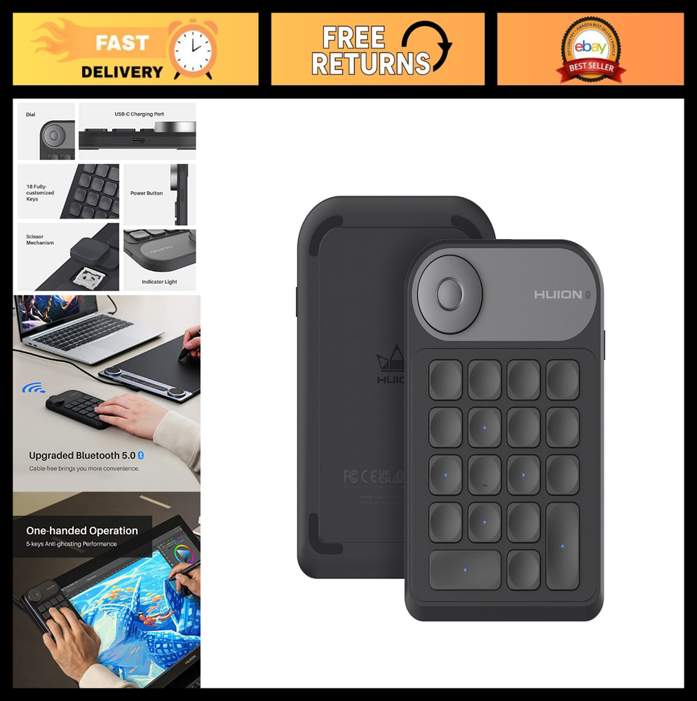 Wireless Bluetooth Programmable Keypad with Dial & 18 Custom Keys for Drawing, P