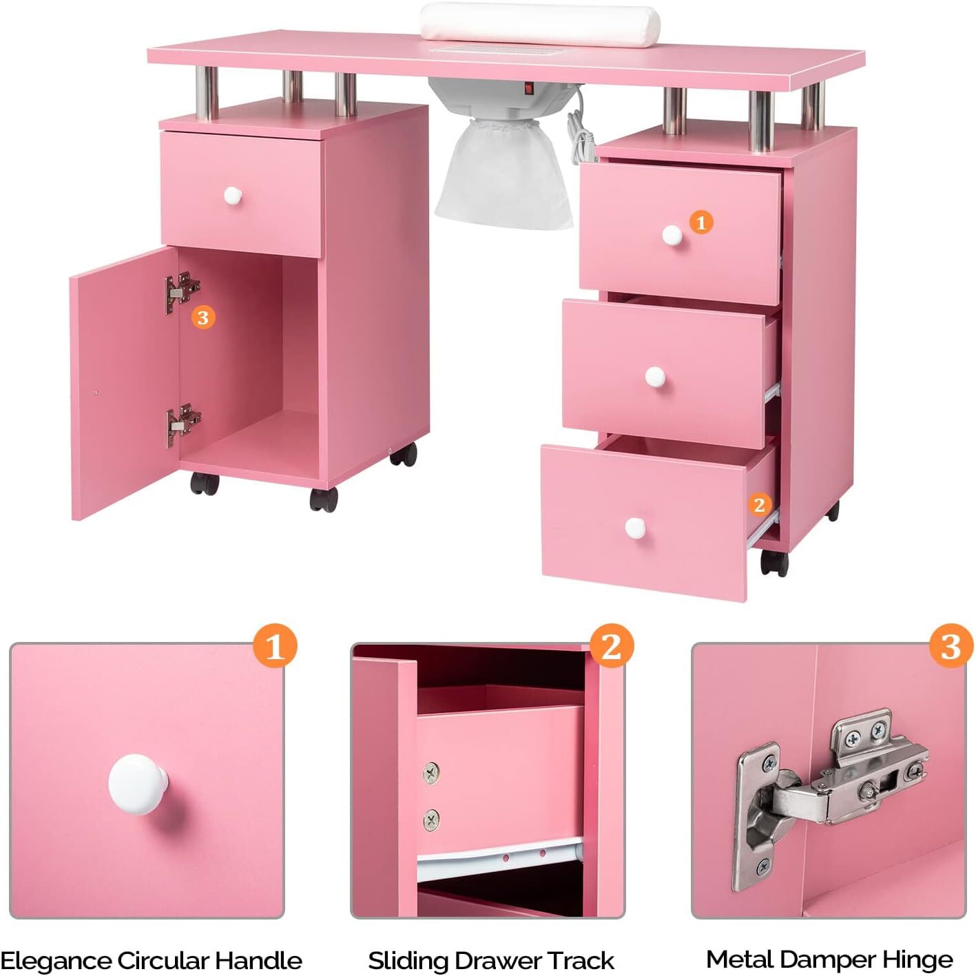 Pink Manicure Table Nail Desk Nail Table Beauty Salon Station w/ Dust Collector