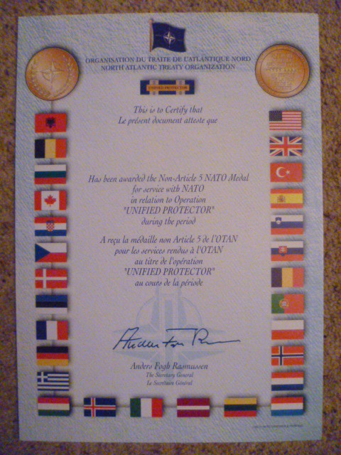 GENUINE NATO MEDAL CERTIFICATE - LIBYA - MINT CONDITION