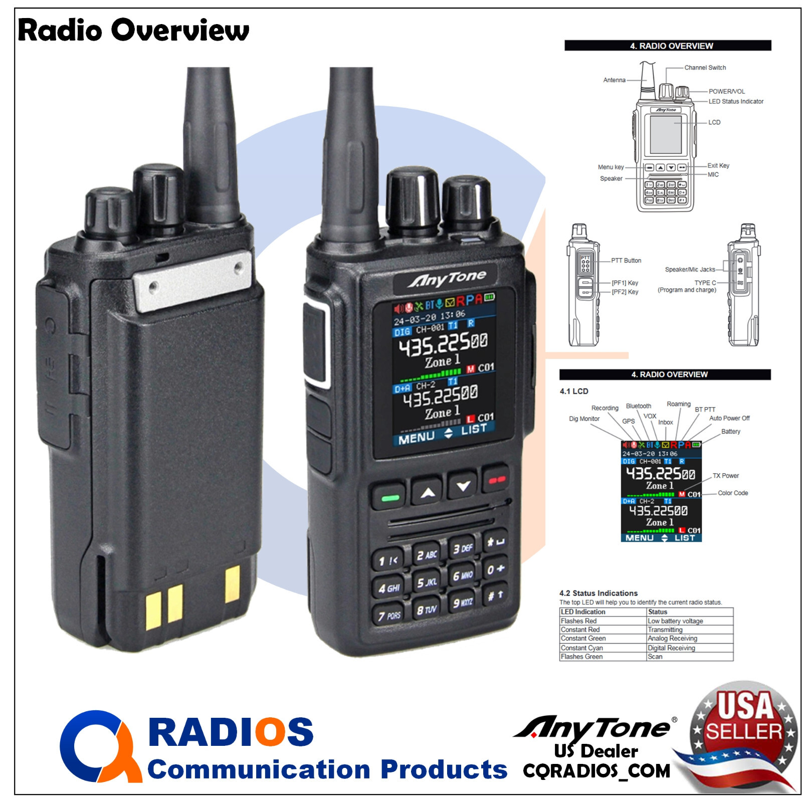 Anytone AT-D168UV Analog Digital DMR UHF VHF 2 way radio speaker mic extra batt