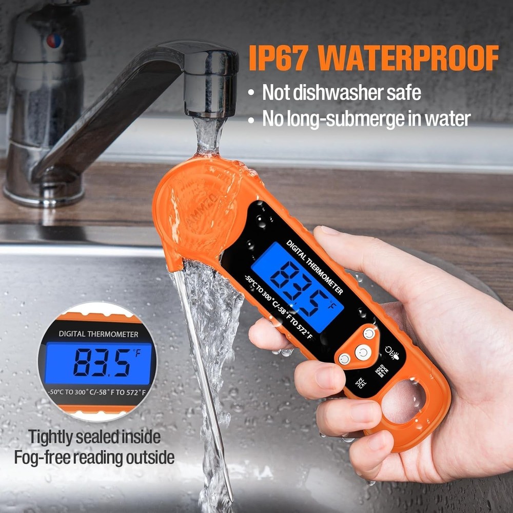 Portable Digital Cooking Thermometer with Backlight & Retractable Probe - Orange