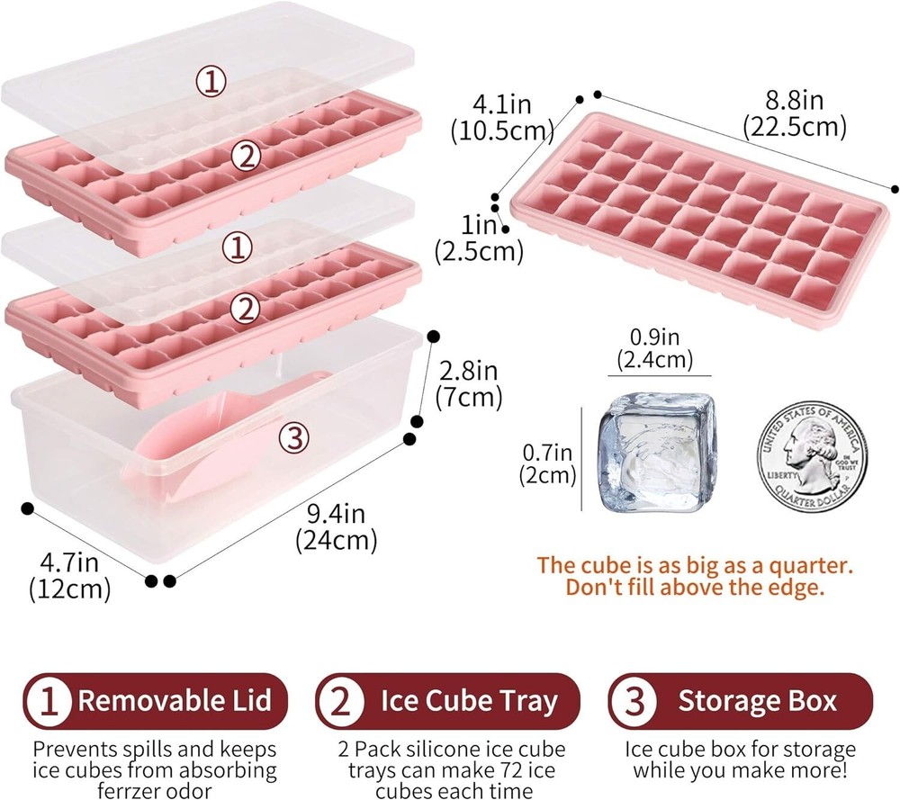 2 Pack Stackable Silicone Ice Cube Trays with Ice Bin & Scoop - Sanitary Storage