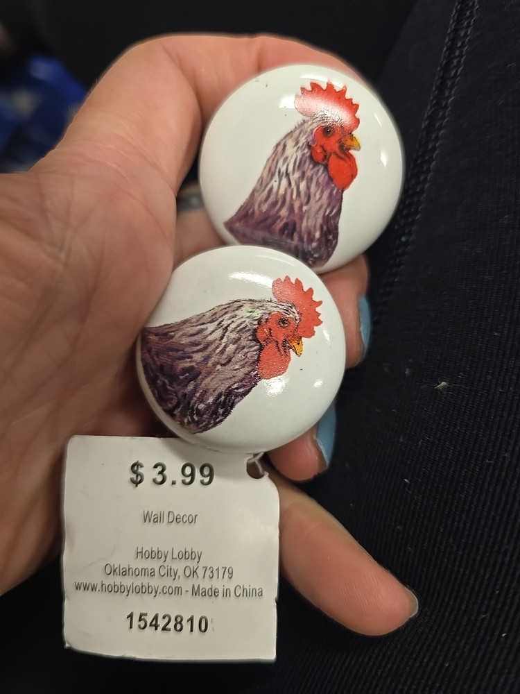 Set of 2 Ceramic Drawer Pulls Knobs w/Rooster Chicken Image Country Rustic Decor