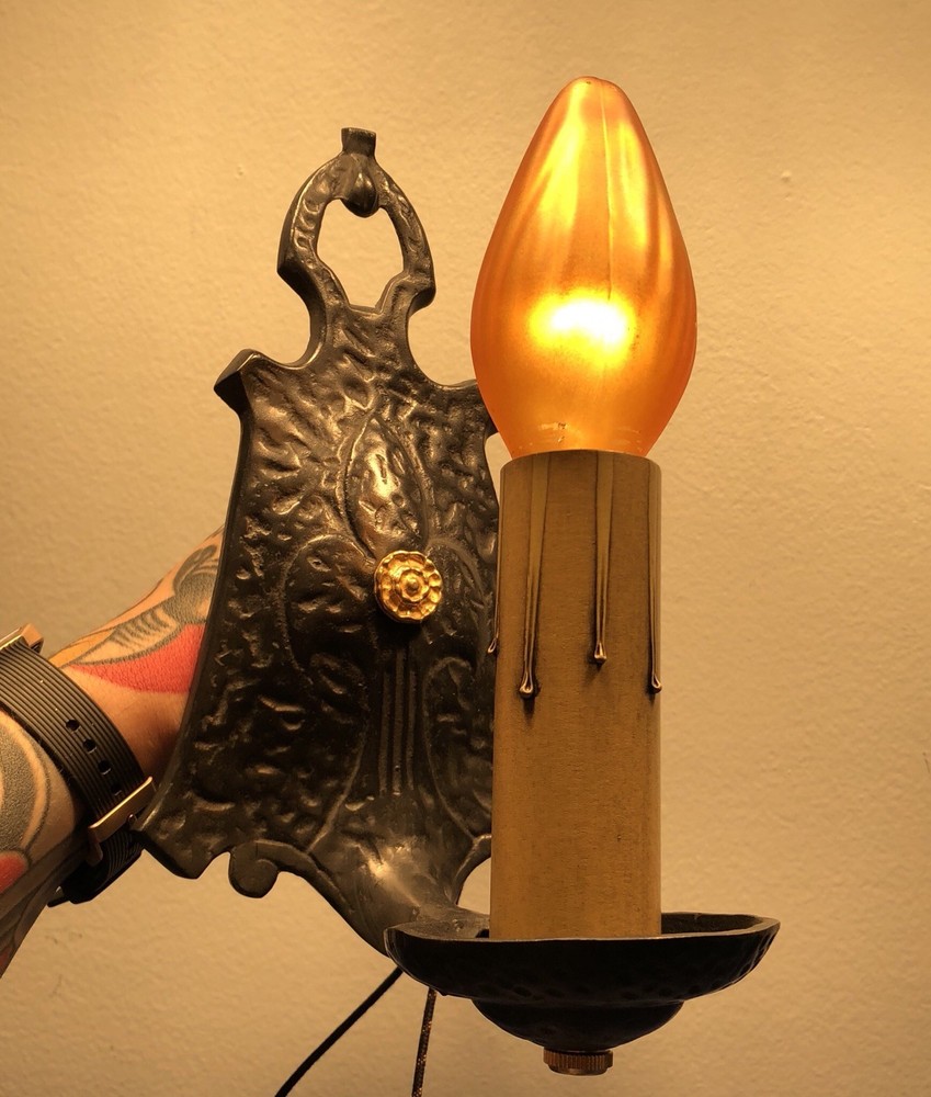 Newly Wired craftsman style sconces with Fleur-de-lis pattern Pair 21D