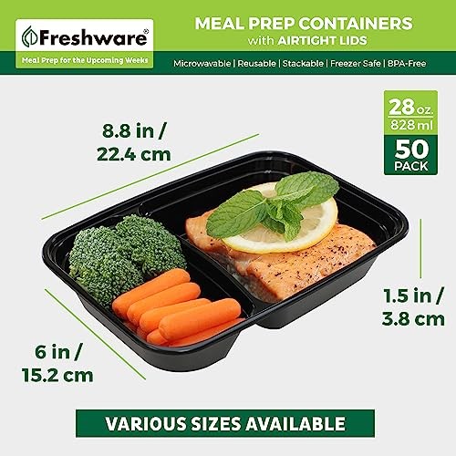 Freshware Meal Prep Containers [50 Pack] 2 Compartment 2-COMP-50PK, Black