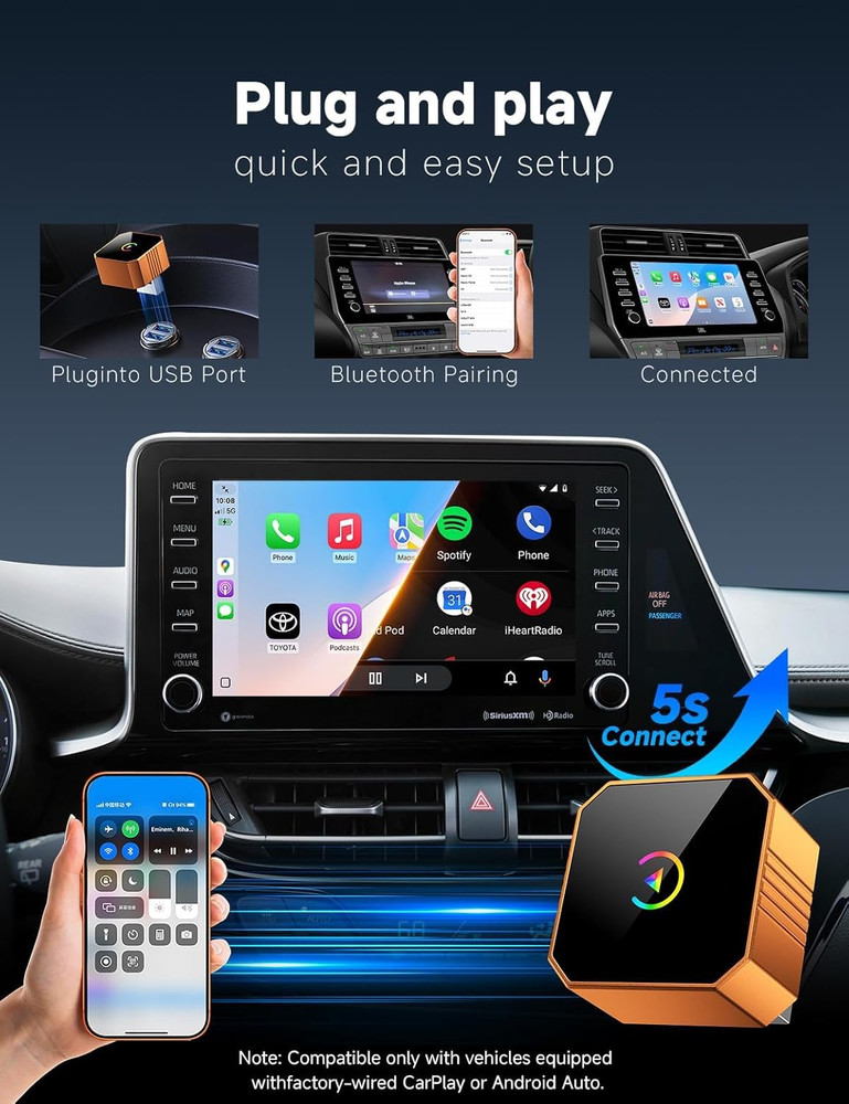 2026 Upgraded Wireless Carplay Adapter for Iphone＆Android, Car Play Mini Wired t