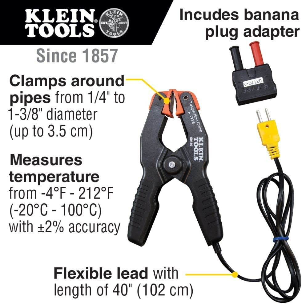 Klein Tools 69140 K-Type Thermometer, Pipe Temperature Clamp for HVAC, Measures