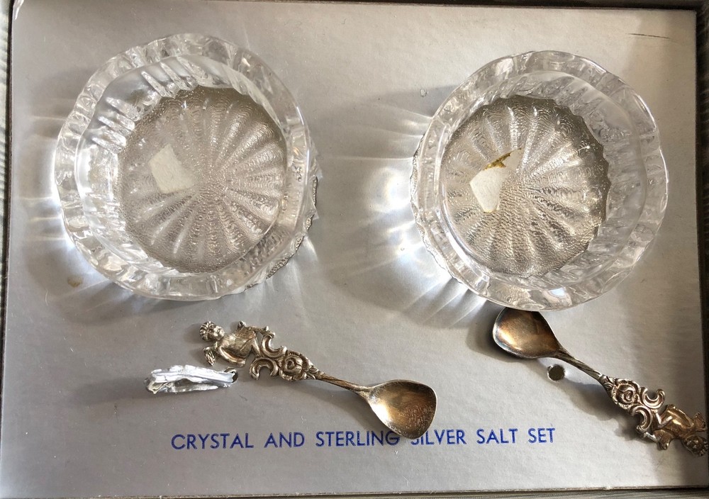 VINTAGE Crystal and Sterling Silver  Salt  Set