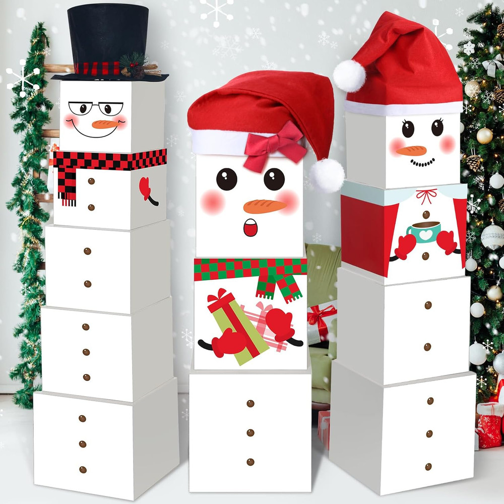 16 Pcs Christmas Stackable Snowman Family Gift Box Tower Nesting Decor with Lids