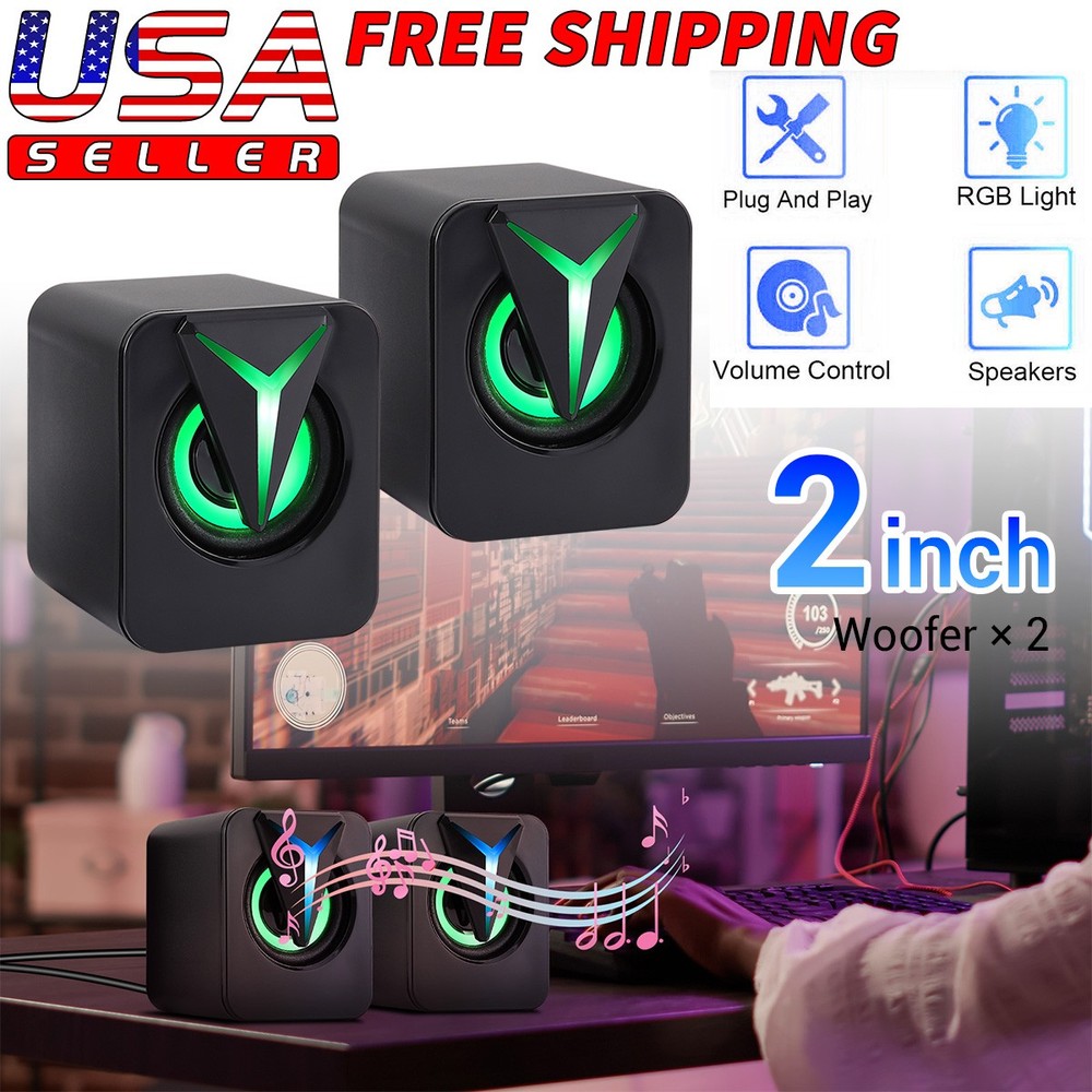 Mini USB Wired Computer Speakers 3.5mm RGB LED Stereo Bass For PC Laptop Desktop