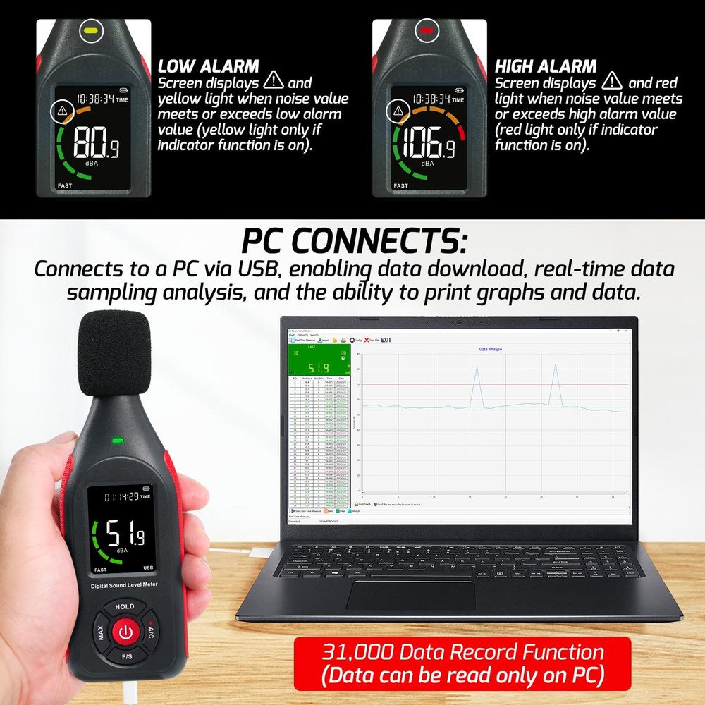Decibel Meter Data Logger, Digital Sound Level Meter with Recording, dB Meter...