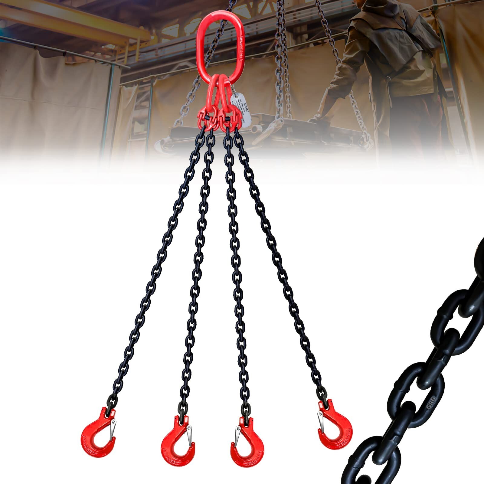 6 Ton 4 Leg Chain Sling, G80 Alloy Steel 4 Way Chain Slings Quadruple Leg Slings